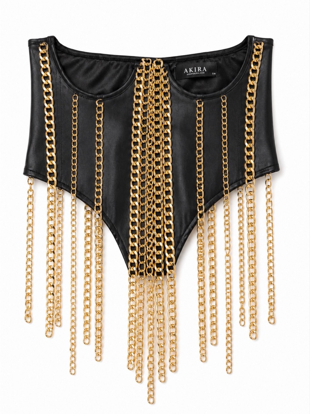 AKIRA Black Faux Leather Bustier with Gold Chain Fringe